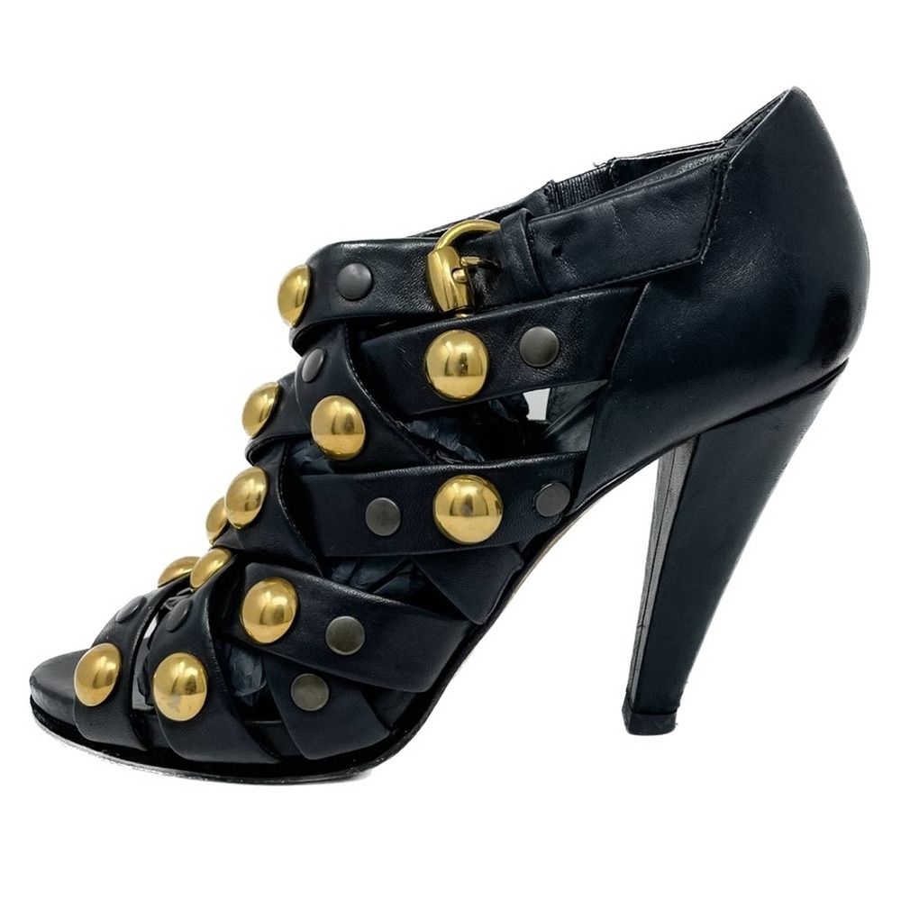 Gucci Babouska Black & Gold Woven Studded Gladiator Block Heel Sandals 38 ~US7.5